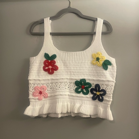 Blu Pepper Tops - Blu Pepper White Knit Top with Floral Details